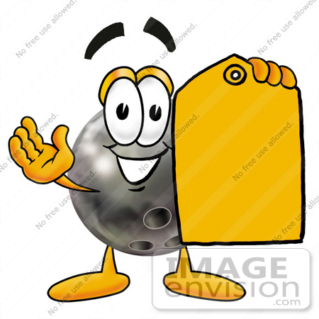 #22896 Clip Art Graphic of a Bowling Ball Cartoon Character Holding a Yellow Sales Price Tag by toons4biz