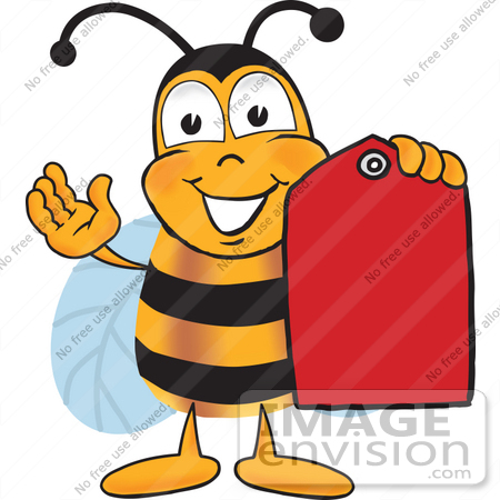 #22897 Clip art Graphic of a Honey Bee Cartoon Character Holding a Red Sales Price Tag by toons4biz