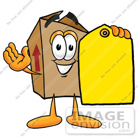 #22898 Clip Art Graphic of a Cardboard Shipping Box Cartoon Character Holding a Yellow Sales Price Tag by toons4biz