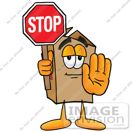 #22901 Clip Art Graphic of a Cardboard Shipping Box Cartoon Character Holding a Stop Sign by toons4biz