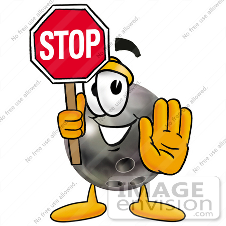#22902 Clip Art Graphic of a Bowling Ball Cartoon Character Holding a Stop Sign by toons4biz
