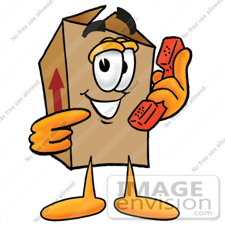 #22906 Clip Art Graphic of a Cardboard Shipping Box Cartoon Character Holding a Telephone by toons4biz