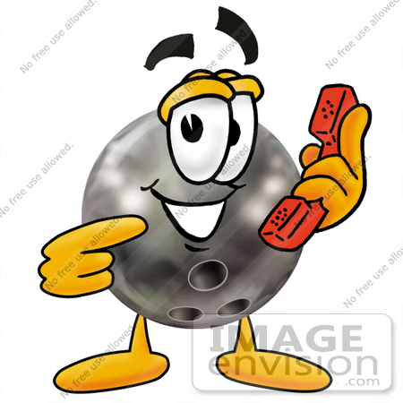 #22907 Clip Art Graphic of a Bowling Ball Cartoon Character Holding a Telephone by toons4biz