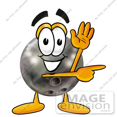 #22908 Clip Art Graphic of a Bowling Ball Cartoon Character Waving and Pointing by toons4biz