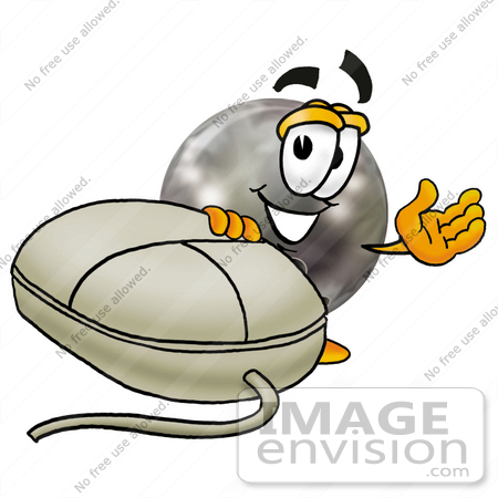 #22909 Clip Art Graphic of a Bowling Ball Cartoon Character With a Computer Mouse by toons4biz