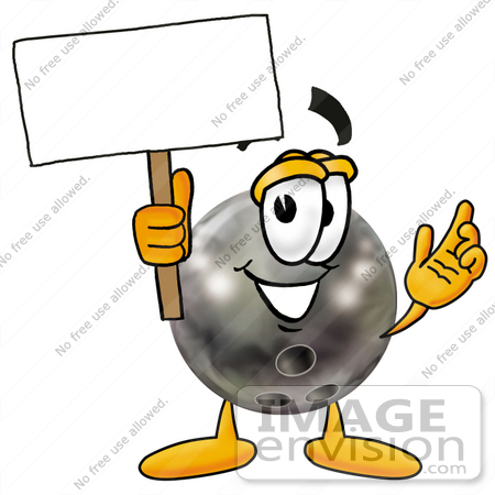 #22915 Clip Art Graphic of a Bowling Ball Cartoon Character Holding a Blank Sign by toons4biz