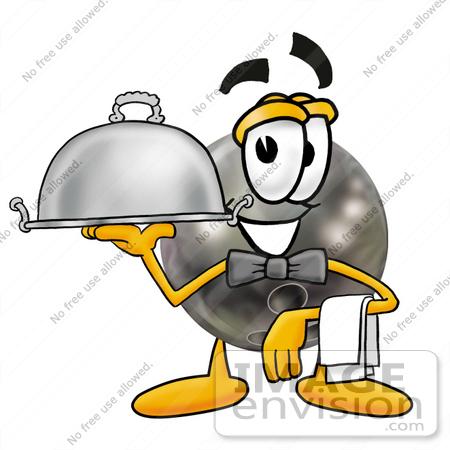 #22916 Clip Art Graphic of a Bowling Ball Cartoon Character Dressed as a Waiter and Holding a Serving Platter by toons4biz