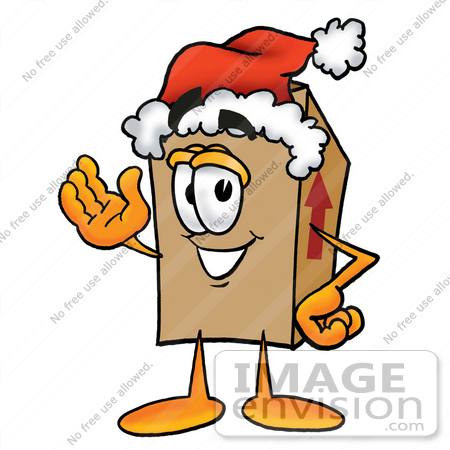 #22926 Clip Art Graphic of a Cardboard Shipping Box Cartoon Character Wearing a Santa Hat and Waving by toons4biz