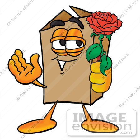 #22928 Clip Art Graphic of a Cardboard Shipping Box Cartoon Character Holding a Red Rose on Valentines Day by toons4biz