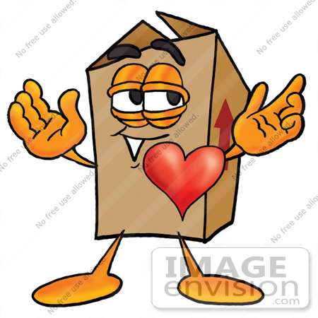 #22929 Clip Art Graphic of a Cardboard Shipping Box Cartoon Character With His Heart Beating Out of His Chest by toons4biz