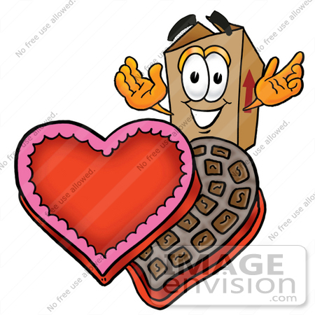 #22930 Clip Art Graphic of a Cardboard Shipping Box Cartoon Character With an Open Box of Valentines Day Chocolate Candies by toons4biz