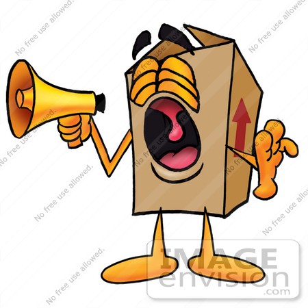 #22934 Clip Art Graphic of a Cardboard Shipping Box Cartoon Character Screaming Into a Megaphone by toons4biz