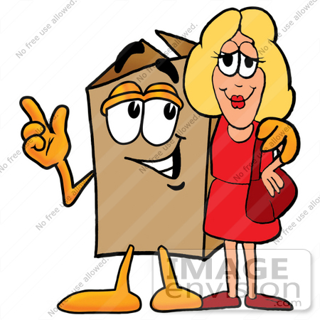#22935 Clip Art Graphic of a Cardboard Shipping Box Cartoon Character Talking to a Pretty Blond Woman by toons4biz