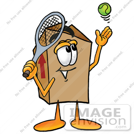 #22936 Clip Art Graphic of a Cardboard Shipping Box Cartoon Character Preparing to Hit a Tennis Ball by toons4biz