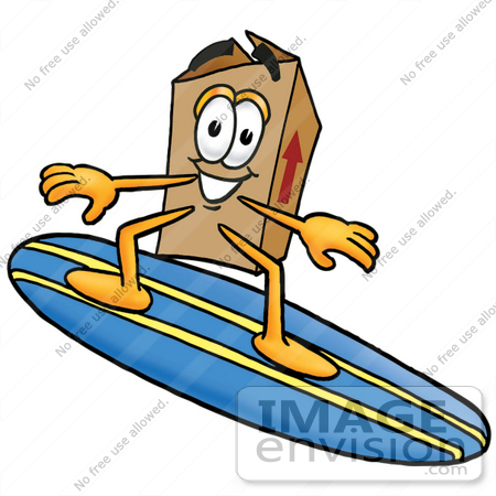 #22937 Clip Art Graphic of a Cardboard Shipping Box Cartoon Character Surfing on a Blue and Yellow Surfboard by toons4biz