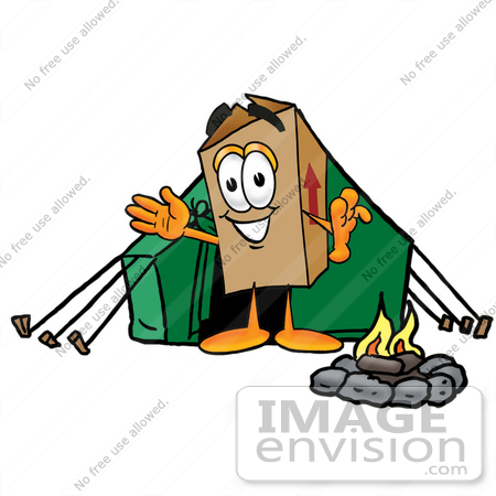 #22941 Clip Art Graphic of a Cardboard Shipping Box Cartoon Character Camping With a Tent and Fire by toons4biz