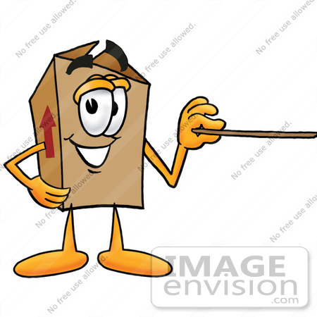 #22943 Clip Art Graphic of a Cardboard Shipping Box Cartoon Character Holding a Pointer Stick by toons4biz