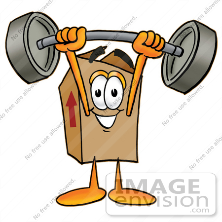 #22944 Clip Art Graphic of a Cardboard Shipping Box Cartoon Character Holding a Heavy Barbell Above His Head by toons4biz