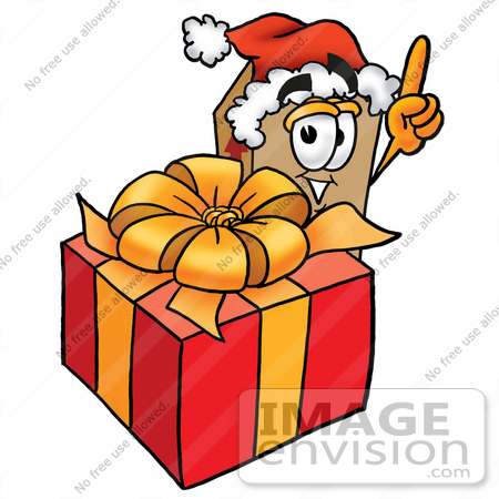 #22945 Clip Art Graphic of a Cardboard Shipping Box Cartoon Character Standing by a Christmas Present by toons4biz