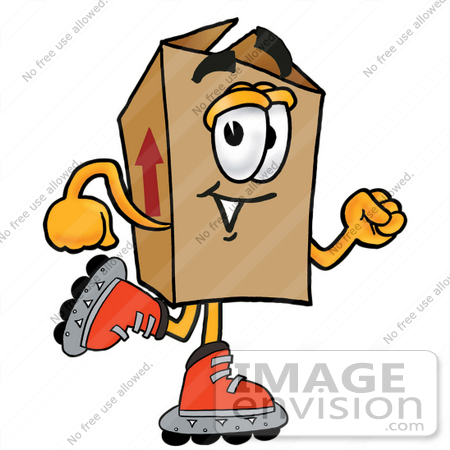 #22949 Clip Art Graphic of a Cardboard Shipping Box Cartoon Character Roller Blading on Inline Skates by toons4biz
