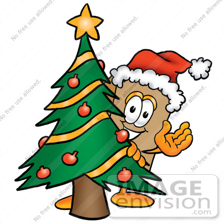#22951 Clip Art Graphic of a Cardboard Shipping Box Cartoon Character Waving and Standing by a Decorated Christmas Tree by toons4biz