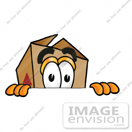 #22953 Clip Art Graphic of a Cardboard Shipping Box Cartoon Character Peeking Over a Surface by toons4biz