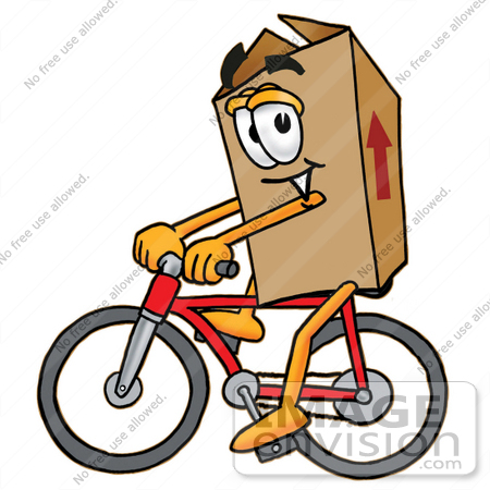 #22954 Clip Art Graphic of a Cardboard Shipping Box Cartoon Character Riding a Bicycle by toons4biz
