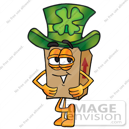 #22955 Clip Art Graphic of a Cardboard Shipping Box Cartoon Character Wearing a Saint Patricks Day Hat With a Clover on it by toons4biz