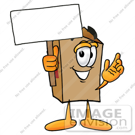 #22958 Clip Art Graphic of a Cardboard Shipping Box Cartoon Character Holding a Blank Sign by toons4biz