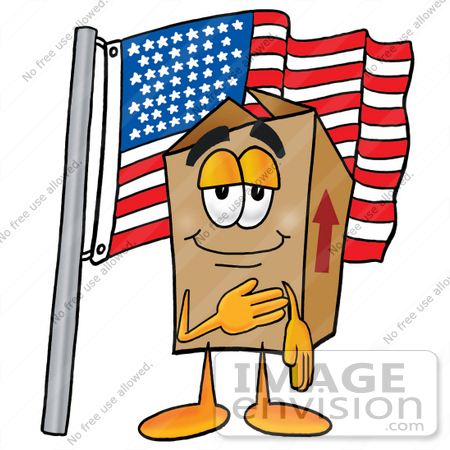 #22960 Clip Art Graphic of a Cardboard Shipping Box Cartoon Character Pledging Allegiance to an American Flag by toons4biz