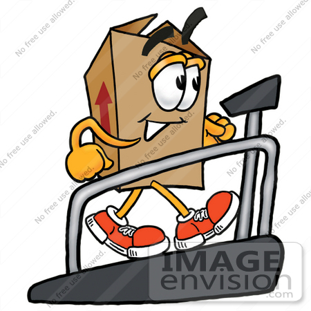 #22961 Clip Art Graphic of a Cardboard Shipping Box Cartoon Character Walking on a Treadmill in a Fitness Gym by toons4biz