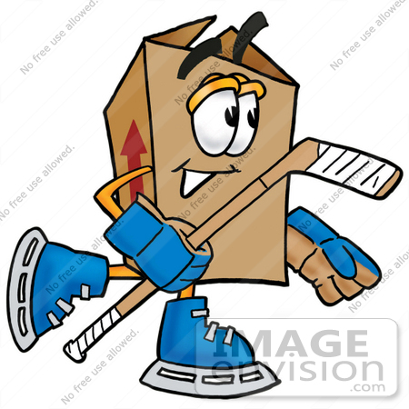 #22962 Clip Art Graphic of a Cardboard Shipping Box Cartoon Character Playing Ice Hockey by toons4biz