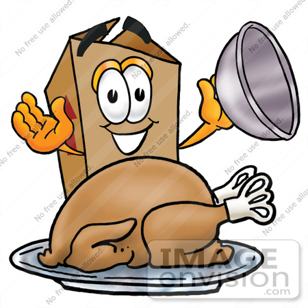 #22963 Clip Art Graphic of a Cardboard Shipping Box Cartoon Character Serving a Thanksgiving Turkey on a Platter by toons4biz