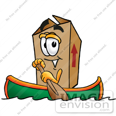 #22964 Clip Art Graphic of a Cardboard Shipping Box Cartoon Character Rowing a Boat by toons4biz