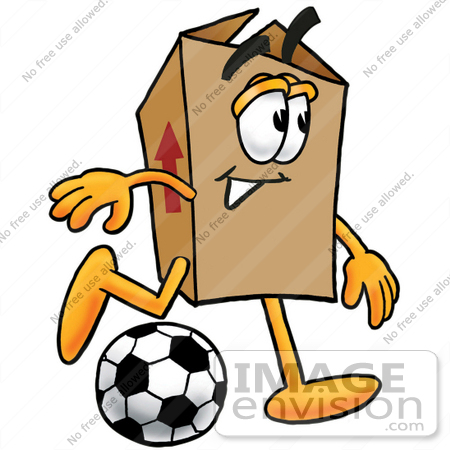 #22966 Clip Art Graphic of a Cardboard Shipping Box Cartoon Character Kicking a Soccer Ball by toons4biz
