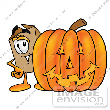 #22967 Clip Art Graphic of a Cardboard Shipping Box Cartoon Character With a Carved Halloween Pumpkin by toons4biz