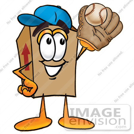 #22971 Clip Art Graphic of a Cardboard Shipping Box Cartoon Character Catching a Baseball With a Glove by toons4biz