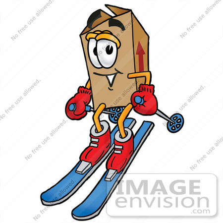 #22976 Clip Art Graphic of a Cardboard Shipping Box Cartoon Character Skiing Downhill by toons4biz