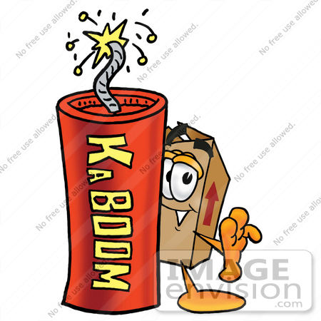 #22977 Clip Art Graphic of a Cardboard Shipping Box Cartoon Character Standing With a Lit Stick of Dynamite by toons4biz