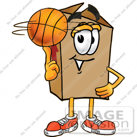 #22978 Clip Art Graphic of a Cardboard Shipping Box Cartoon Character Spinning a Basketball on His Finger by toons4biz