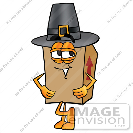 #22979 Clip Art Graphic of a Cardboard Shipping Box Cartoon Character Wearing a Pilgrim Hat on Thanksgiving by toons4biz