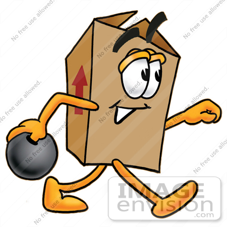 #22981 Clip Art Graphic of a Cardboard Shipping Box Cartoon Character Holding a Bowling Ball by toons4biz