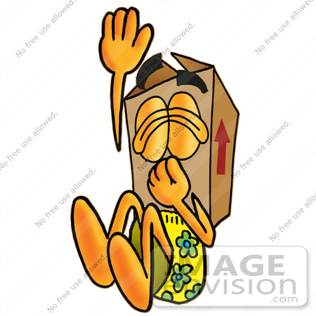 #22982 Clip Art Graphic of a Cardboard Shipping Box Cartoon Character Plugging His Nose While Jumping Into Water by toons4biz