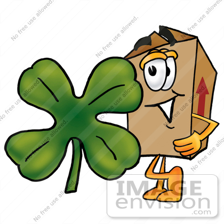 #22983 Clip Art Graphic of a Cardboard Shipping Box Cartoon Character With a Green Four Leaf Clover on St Paddy’s or St Patricks Day by toons4biz
