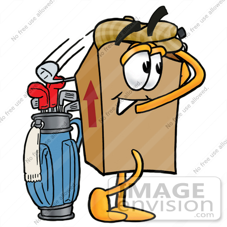 #22985 Clip Art Graphic of a Cardboard Shipping Box Cartoon Character Swinging His Golf Club While Golfing by toons4biz