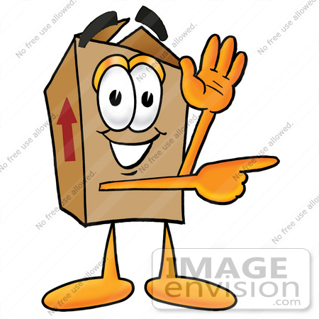 #22986 Clip Art Graphic of a Cardboard Shipping Box Cartoon Character Waving and Pointing by toons4biz