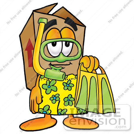 #22987 Clip Art Graphic of a Cardboard Shipping Box Cartoon Character in Green and Yellow Snorkel Gear by toons4biz