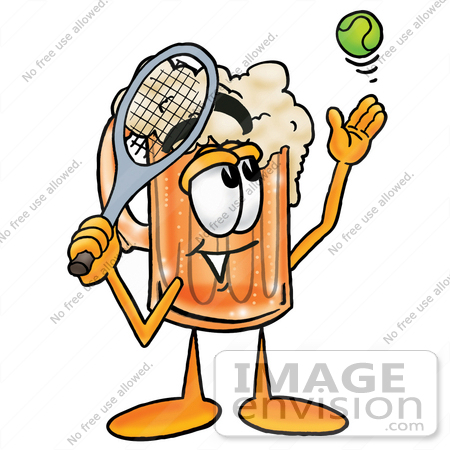 #22988 Clip art Graphic of a Frothy Mug of Beer or Soda Cartoon Character Preparing to Hit a Tennis Ball by toons4biz