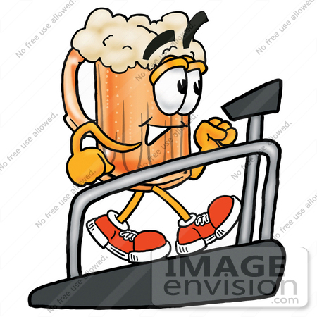 #22990 Clip art Graphic of a Frothy Mug of Beer or Soda Cartoon Character Walking on a Treadmill in a Fitness Gym by toons4biz