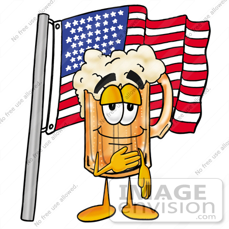 #22992 Clip art Graphic of a Frothy Mug of Beer or Soda Cartoon Character Pledging Allegiance to an American Flag by toons4biz